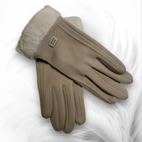 Beige Winter Gloves with Faux Fur Cuffs — Touchscreen Friendly - Picture 1 of 4